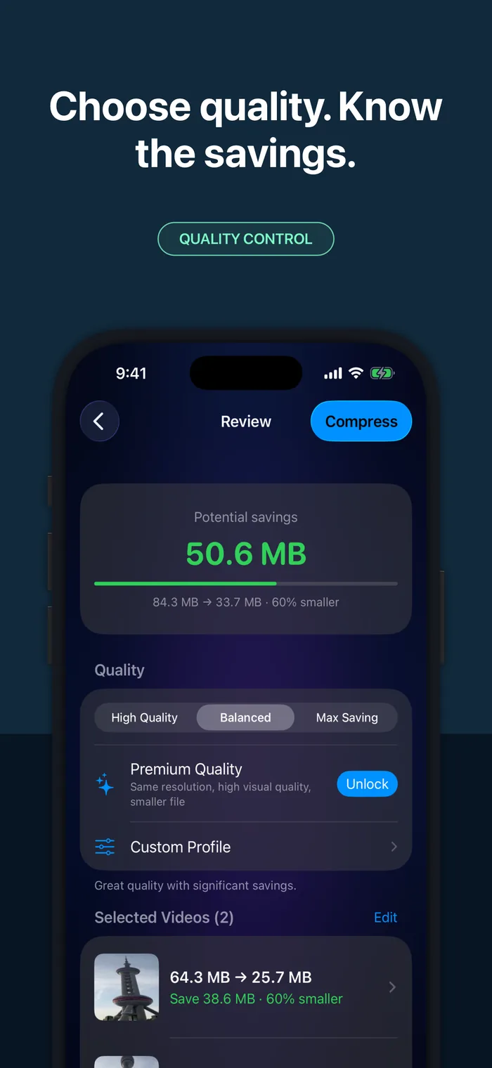 Video compression quality presets with estimated savings